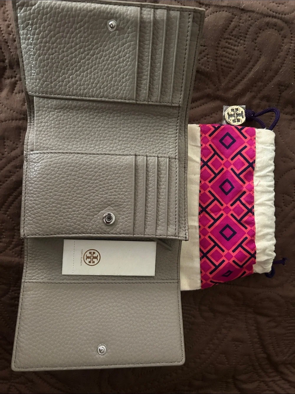 Tory Burch Gray Pebbled Leather Trifold Wallet